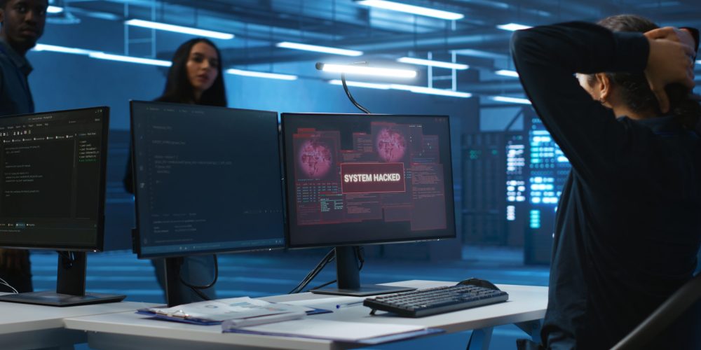 Programmer in server hub workspace requesting assistance from colleagues during hacking attack on computers. Software developer asking for help from colleagues to protect data from unauthorized access